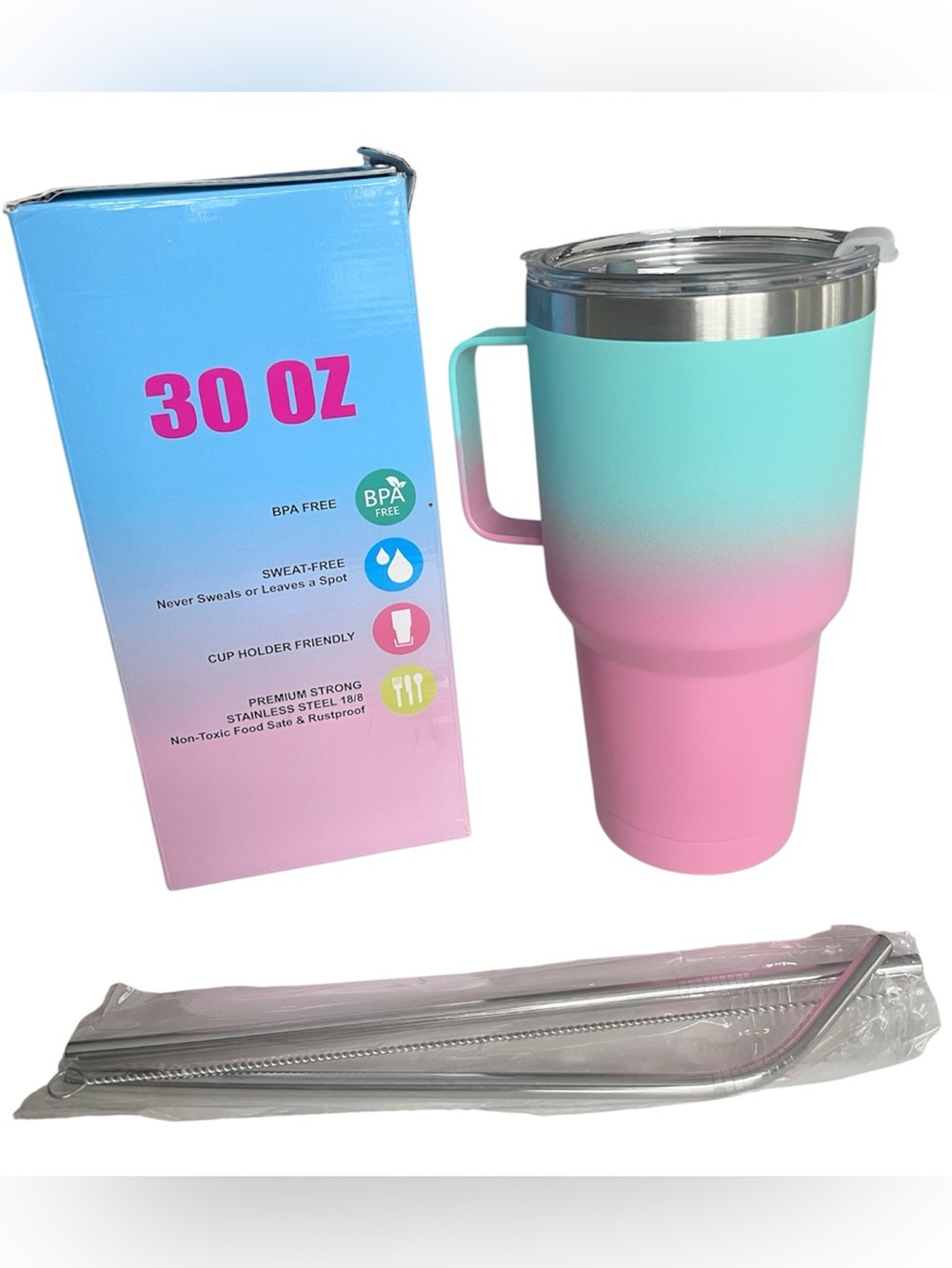 Luoda 30oz Tumbler NIB Ombré Pink Turquoise Sip Lid Metal Straw Handle
